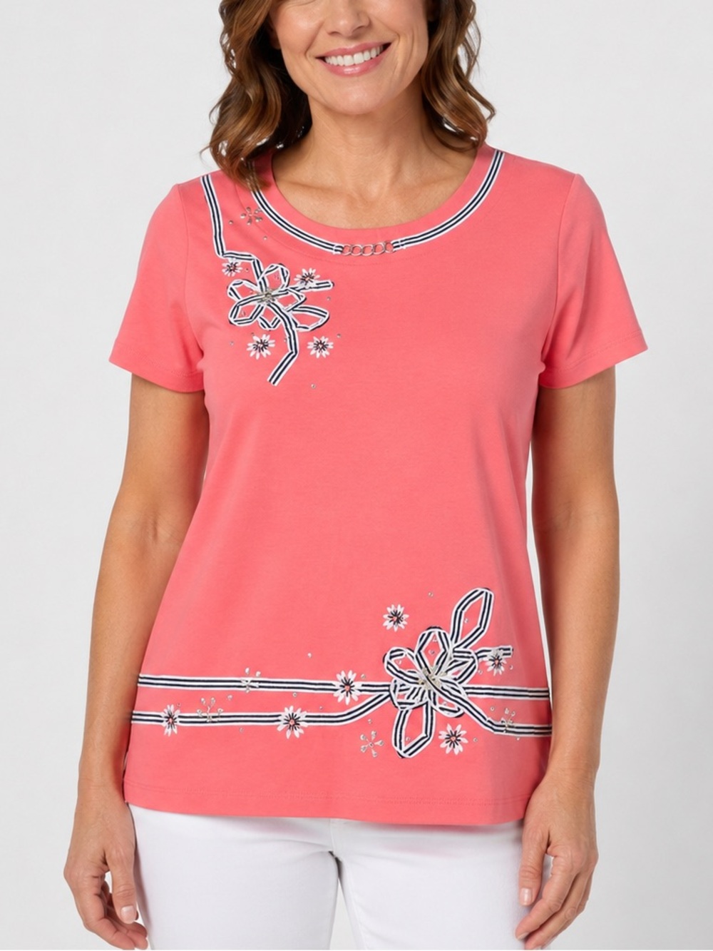 Alfred Dunner Petite Pink Floral Embellished Top PS Short Sleeve Cotton Blend